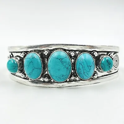 925 Sterling Silver Oval 5 Turquoise Gemstone Handmade Jewelry Cuff Bracelet • $17.59