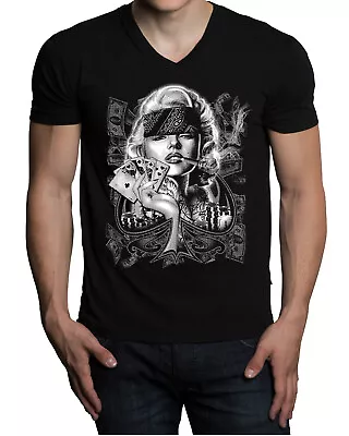 Men's Marilyn Monroe Spade Pose Black V-Neck Tee Shirt Clover Gangster High Sexy • $13.99