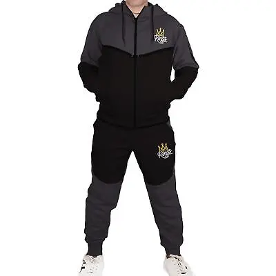 Mens Tracksuit Kings Embroidered Charcoal & Black Hoodie Bottom Jogging Suit • £24.99