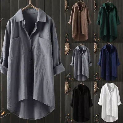 Women Long Sleeve Cotton Linen Casual Loose Kaftan Baggy Tunic Long Shirt Dress • £12.29