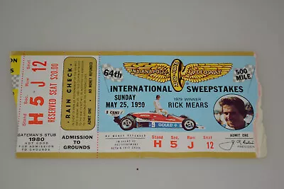 1980 64th INDIANAPOLIS 500 TICKET STUB INDY CAR RACING W/RICK MEARS-1979 WINNER • $17.99