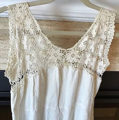 $18 • Buy Antique Ladies Full Slip Cream Cotton Undergarment With A Crocheted Lace Bodice