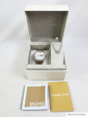 NEW Michael Kors Mini Camille Silver Rose Gold Crystal Watch Necklace Set MK1054 • $159.99