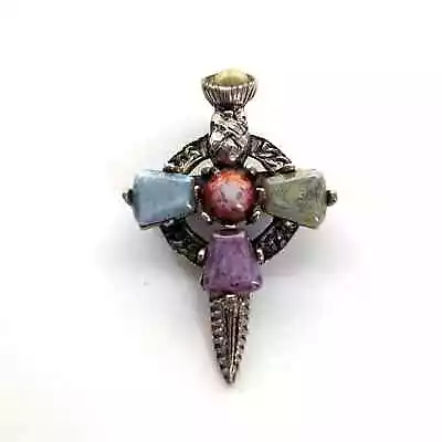 Vintage Miracle 60s Celtic Irish Medieval Faux Stone Gunmetal Brooch • $24.99