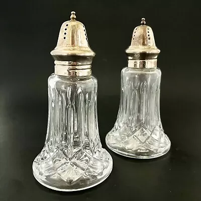 Vintage Handcrafted CRYSTAL SALT & PEPPER SHAKERS Large 6” Godinger Silver Tops • $18.95