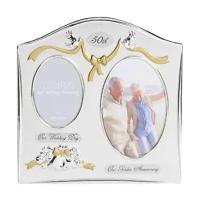 Gold Wedding 50th Anniversary Photo Frame Dual Pictures Then Now Gift • £15.86