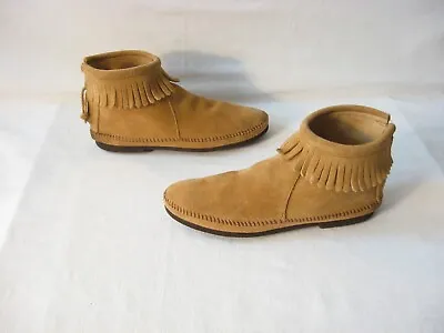 Minnetonka Tan Suede Moccasin Ankle Boots With Fringe & Back Zippers Size 7 1/2 • £27.95