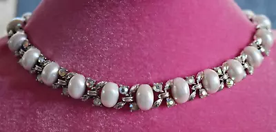 Vintage Lisner Necklace Oval Faux Pearls Aurora Borealis Rhinestones Silvertone • $23