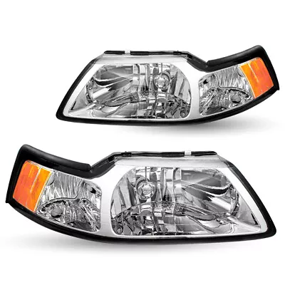 For 1999-2004 Ford Mustang Chrome Housing Amber Corner Headlights Lamps Pair • $58.99