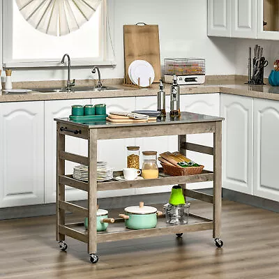 Wood Grain Serving Cart With 1 Bottom Shelf And 1 Middle Slotted Shelf Grey • $148.19