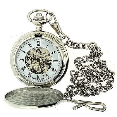 Boxx Mens Roman Numerals Silver Tone Skeleton Mechanical Pocket Watch 12 Chain • £19.99