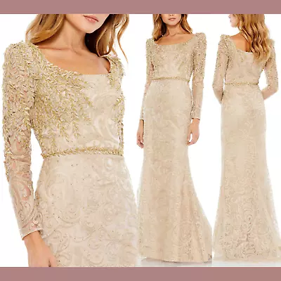 NWT $698 Mac Duggal [ 14 ] Embroidered Applique Trumpet Gown In Light Gold #Q521 • $285.99