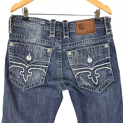Rock Revival Jeans Mens 34x33 Ryker Straight Whiskered Flap Pockets Embroidered • $84.94