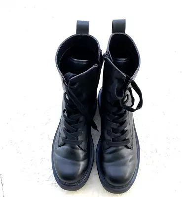 H&M Round Toe Chunky Heel Platform Black Faux Leather Boots Sz 8.5 Combat • $15.95