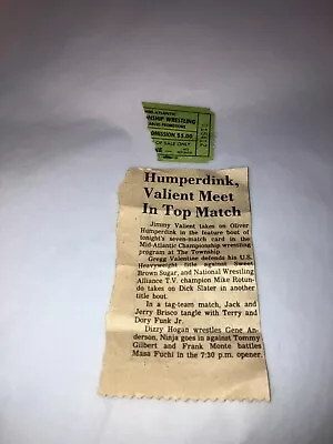 Original 1980's NWA Mid-Atlantic Wrestling Ticket Stub W/ Newspaper Clipping WWE • $29.99