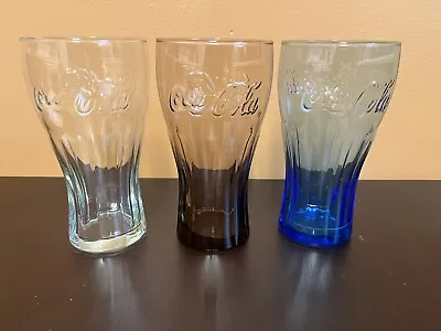 Set Of 3 McDonald's Coca Cola Coke Blue Clear Brown Soda Pop Drink Glasses 6” • $15