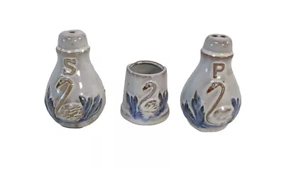 Vintage Pottery Swan Salt & Pepper Shakers Plus Toothpick Holder Shabby Chic • $16.99