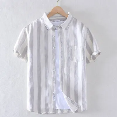 Men Summer 100% Pure Linen Shirt Short Sleeved Striped Comfortable Casual Top • $24.99