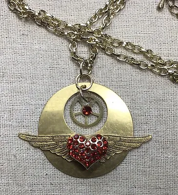 Steampunk Necklace- Gear W/ Red Crystal Wings Crystal & Gold Tone Heart • $22
