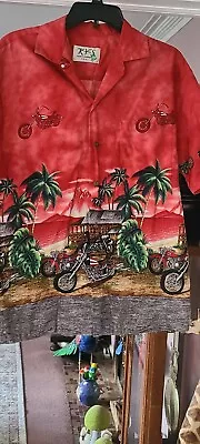 Vintage Ky's Button Up Hawaiian Shirt Tropical Motorcycle Theme All Over Print M • $19