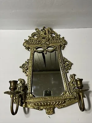 Antique French Style Lion Face Brass Gold Gilt Wall Mirror W/ 2 Candles Sconces • $292.50