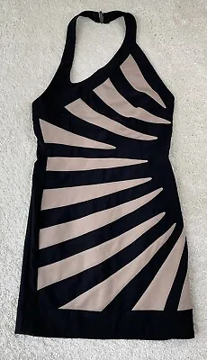 C LUCE Dress Size Med Halter Body Con Black Stripe Fitted Short Mini • $21.24