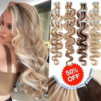 Curly Wavy Seamless Tape In Real Remy Human Hair Extensions Skin Weft 10-40PCS • $31.98