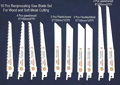 $13.99 • Buy 10Pcs 6  8  Reciprocating Saw Blades Set Wood Metal Sheet Pipe Blades 6T 10T 18T