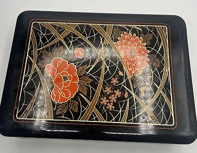 Vintage Large Japanese Black Lacquered Box Red Flower 80s 10 X 13” Keepsake • $28.04