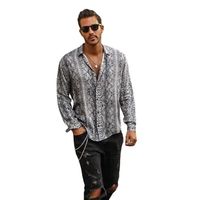 Men Snakeskin Printed Shirt Casual Party Collar Tops Slim Fit Long Sleeve Blouse • £16.07