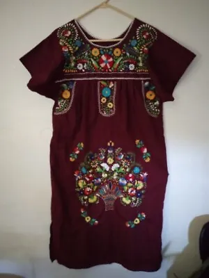 Unbranded Dress Handmade  Burgundy Slip Over Embroidered Front Moo Moo Dress • $28.66