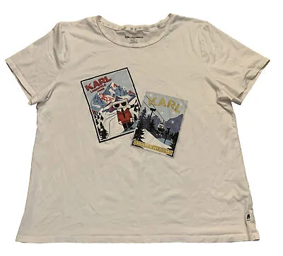 KARL LAGERFELD Womens Tee Shirt Paris Ski Scene Graphic Bonjour White Size XL • $19.99