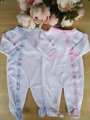 Baby Romper Sleepsuit All In One 100% Cotton White Boy Girl Gingham Trim 0 3 6 9 • £9.49