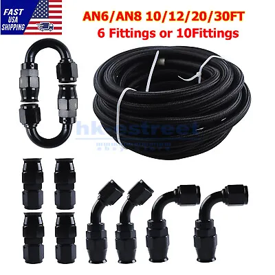 6AN-8AN Black Nylon PTFE Fuel Line 10/12/20/30FT W/6 Or 10 Fittings Hose Kit E85 • $34.98