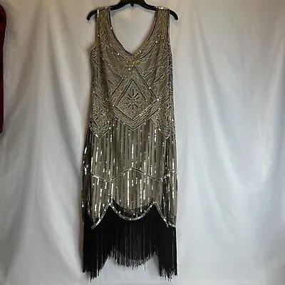 Flapper Heavily Beaded Dress Sleeveless Fringe XL Gold Sequin Gorgeous! Lined • $44.89