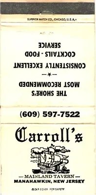Caroll's Mainland Tavern Manahawkin New Jersey Vintage Matchbook Cover • $9.99