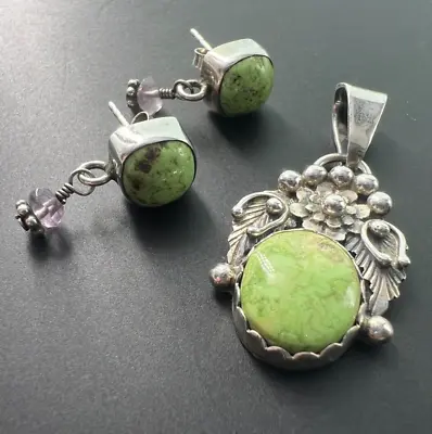 $59 • Buy Southwest Sterling Silver 925 Green Turquoise Floral Pendant Drop Earrings Lot