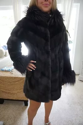 Bloomindgale's Maximilian REAL FUR Black Mink & Fox Hooded Peacoat Jacket Coat • $600