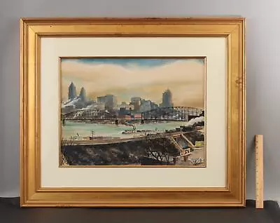 Antique ROBERT YOUNG Watercolor Painting PITTSBURGH Pennsylvania Bridge Skyline • $0.99