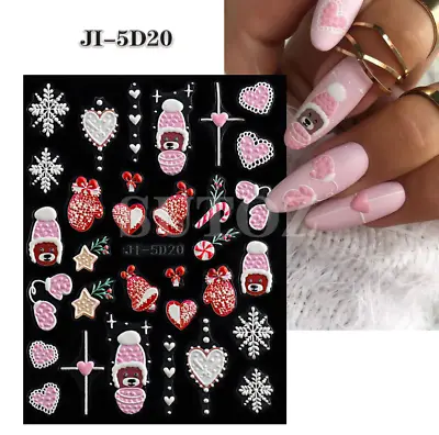 Christmas New Year 5D Embossed Pink Snowflake Heart Hat Cane Nail Art Stickers • $2.95