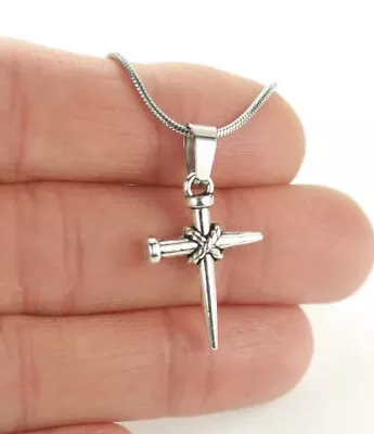 Small Silver Nails Cross Crucifix Pendant On Silver Snake Necklace Chain!! • $9