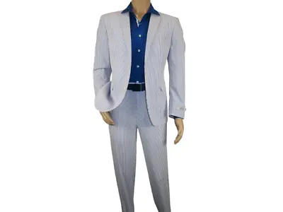 Men ADOLFO Seersucker Suit Stripe Casual Dressy Summer Suit 2 Button C622 Blue • $149.99