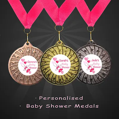 Personalised Baby Shower Party Winner Medal With Pink Ribbon X 6 • £6.99