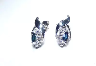 10k White Gold Natural Marquise Sapphire And Diamond Stud Earrings • $199