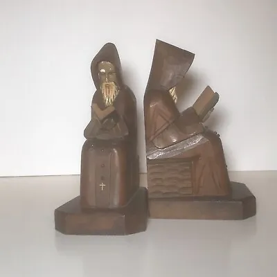 1950s Vintage Set Wooden Carved Bookend Monk Friar Prayer Reading Bible Hooded • $50