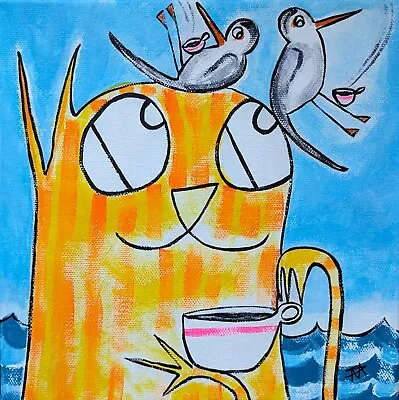 Original Abstract Cat Painting Beach Bird Collectible Folk Art Samantha McLean • $130