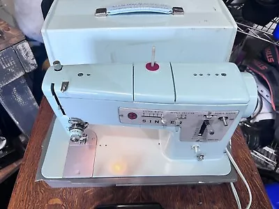 Vintage Singer Sewing Machine Model 338 Case And  Foot Pedal Green  Power Tested • $50