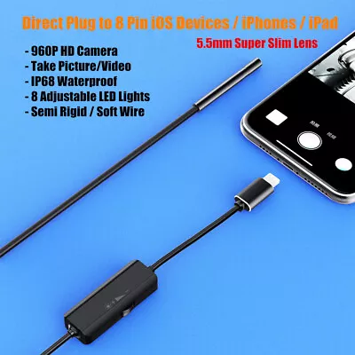 Slim 5.5mm Lens Endoscope Inspection Camera For IPhone/iPad/iOS Borescope Cable • £18.95