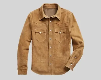 Men's Suede Leather Shirt Western Style Casual Real Suede Jacket • $109