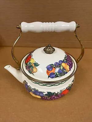 Vintage Enamel Tea Kettle Cornucopia Design With Covered Brass Handle • $18.95